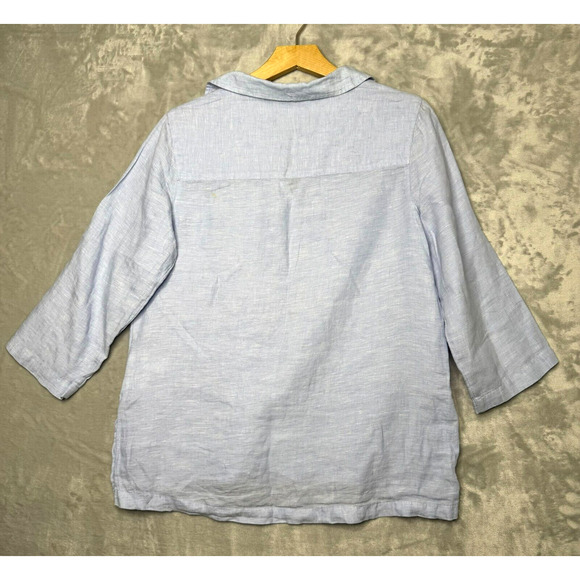 Tahari Top Womens Medium Blue 100% Linen V Neck 3/4 Sleeve Boxy Relaxed Buttons - Picture 2 of 12